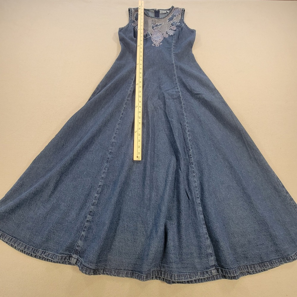 Vintage Styleworks Denim Maxi Dress Blue Embroidered Mesh Floral Boho Women's 4 - Picture 9 of 12